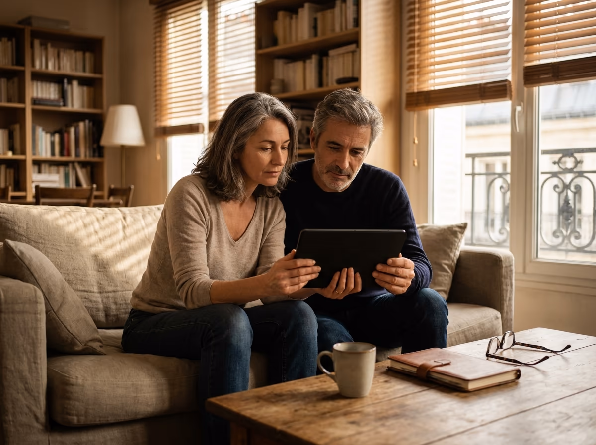 Un couple consulte son patrimoine sur une tablette à la maison