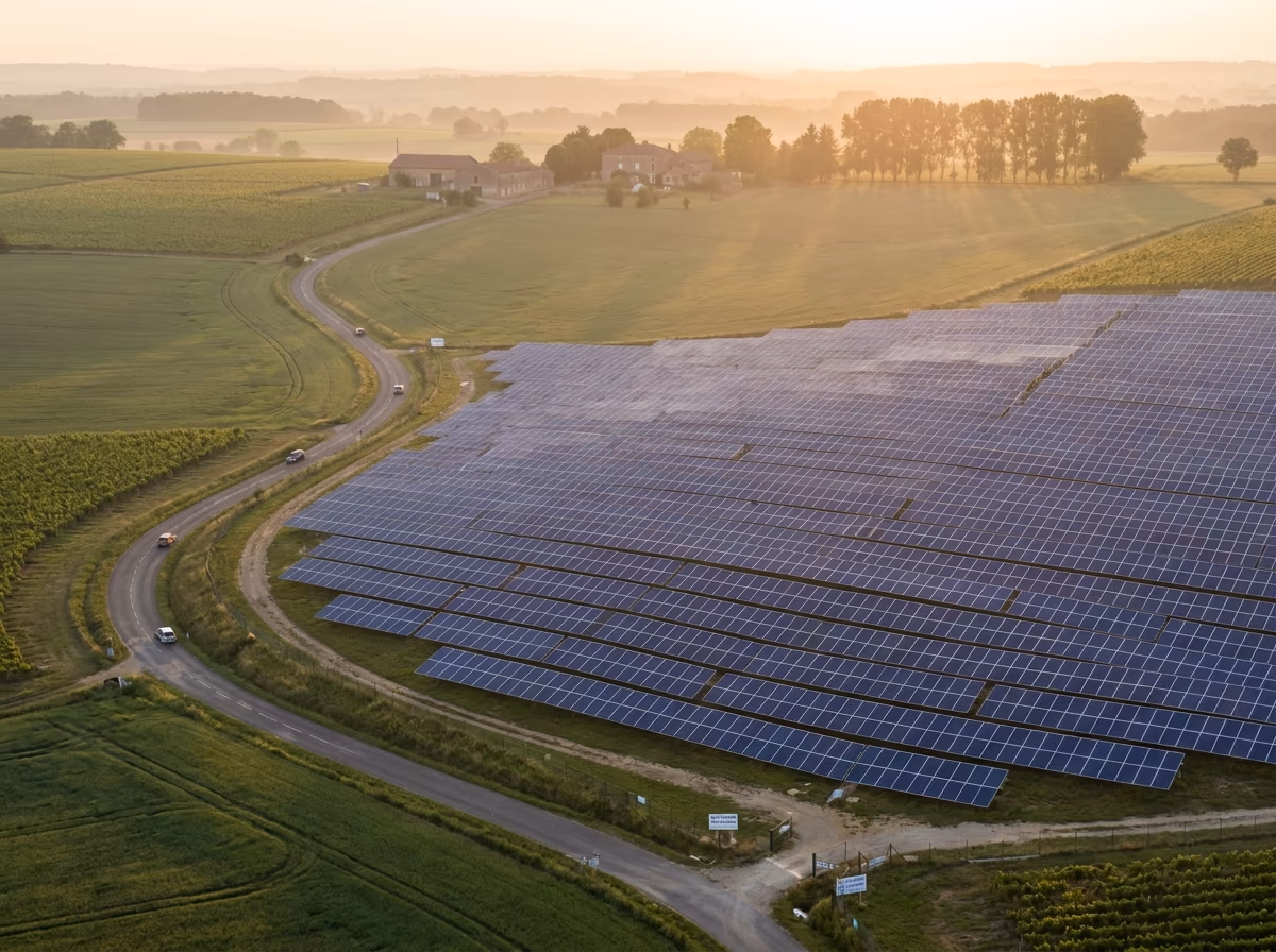 Champ de panneaux solaires dans la campagne française