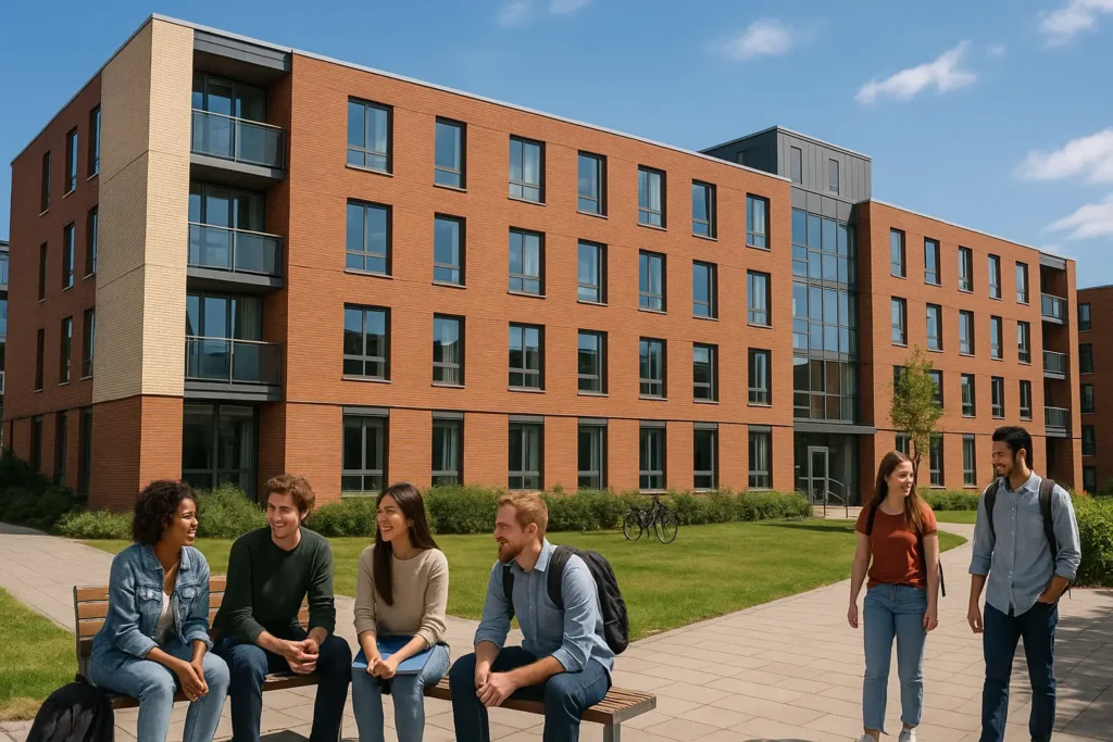 Étudiants devant un bâtiment moderne